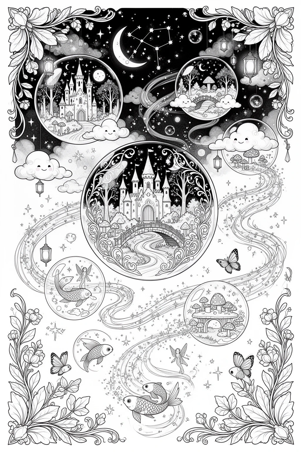 Moonlit Bubble Worlds coloring page.