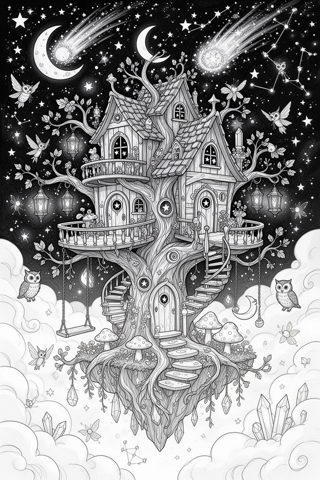 Starry Treehouse Magic coloring page.