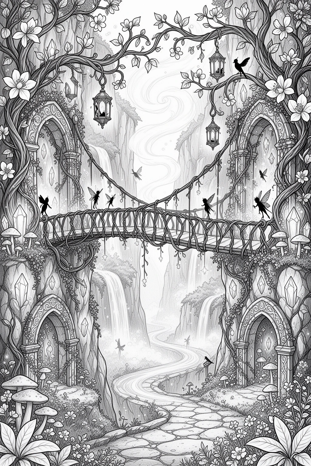 Enchanted Vine Bridge coloring page for Dreamy Fantasy Escape.