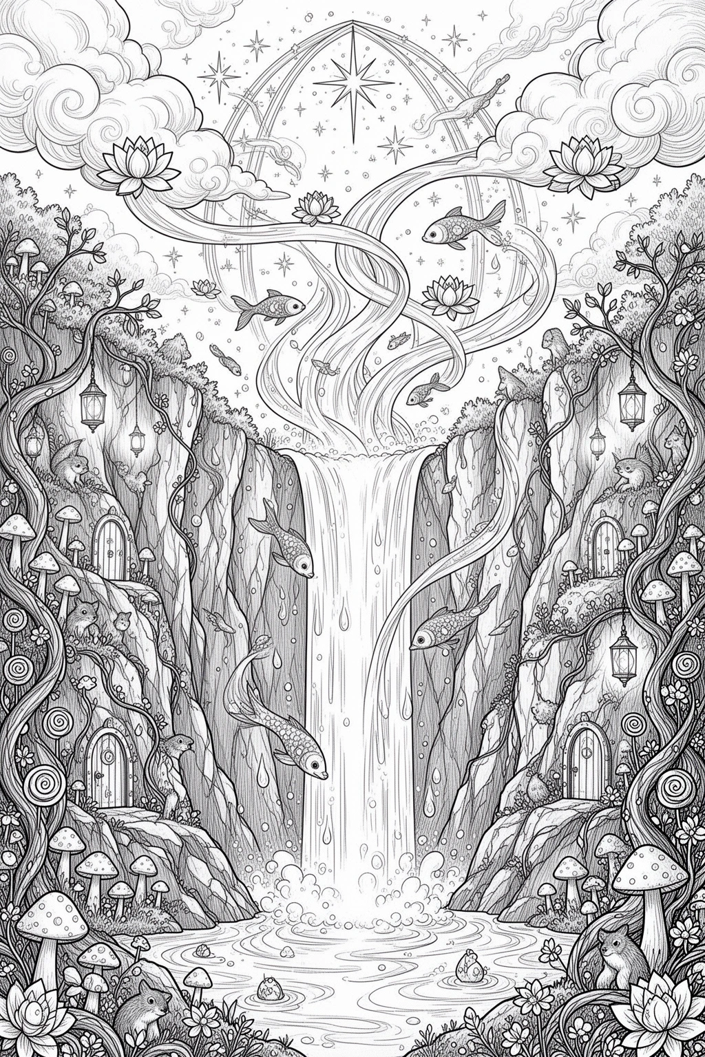 Black and white printable magical waterfall that flows upward coloring page for kids, teachers, families, and relaxing creative time.