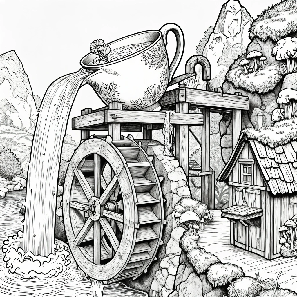 Black and white detailed coloring page illustration of a magical watermill village with a large water wheel, flowing water, cottage, rocky cliffs, and whimsical mushrooms, designed as printable