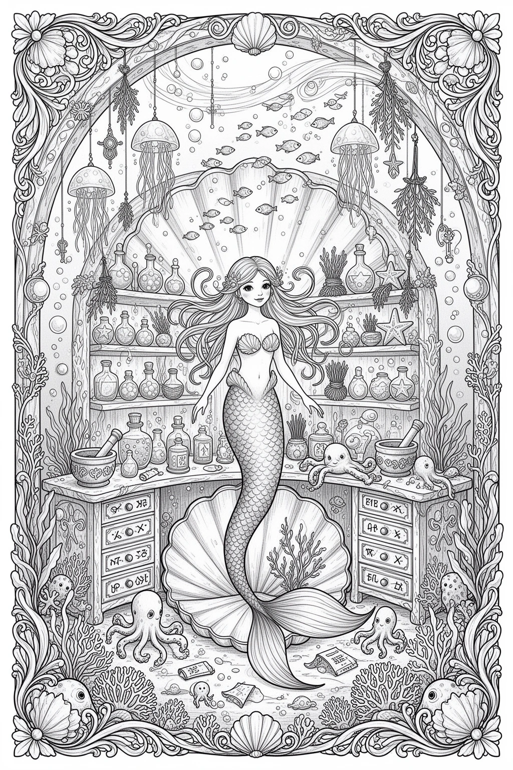 Undersea Magic | Mermaid Apothecary coloring page.