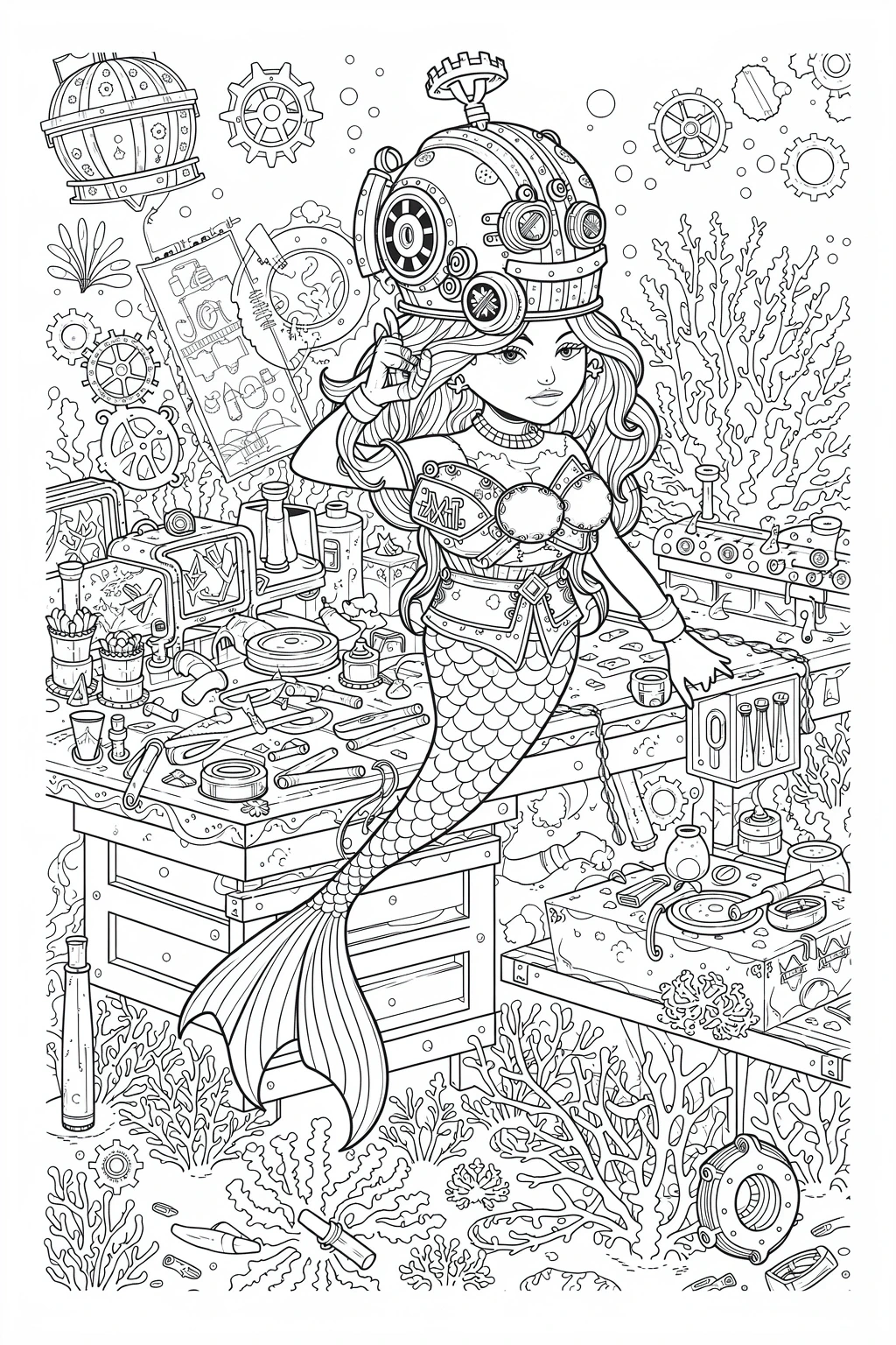 Steampunk mermaid in an underwater workshop full of gears, tools, coral and gadgets detailed coloring page, kids' coloring page, printable coloring page and coloring sheets.