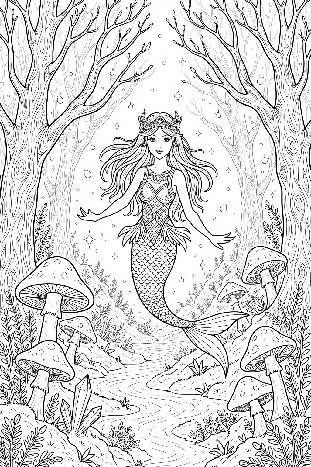 Black-and-white mermaid coloring page in a forest stream with mushrooms, crystals and trees detailed coloring page, kids' coloring page, printable coloring page, coloring sheets.