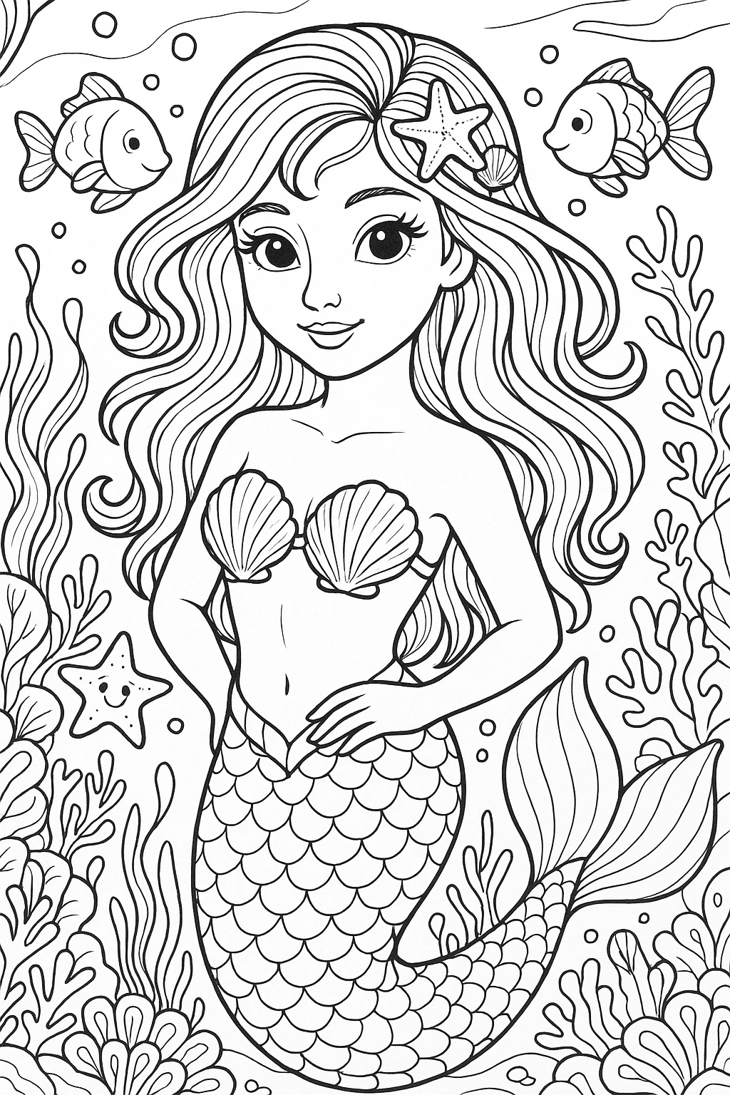 Black and white mermaid coloring page with seashell top, fish, starfish and seaweed detailed coloring page, kids' coloring page, printable coloring page and coloring sheets.