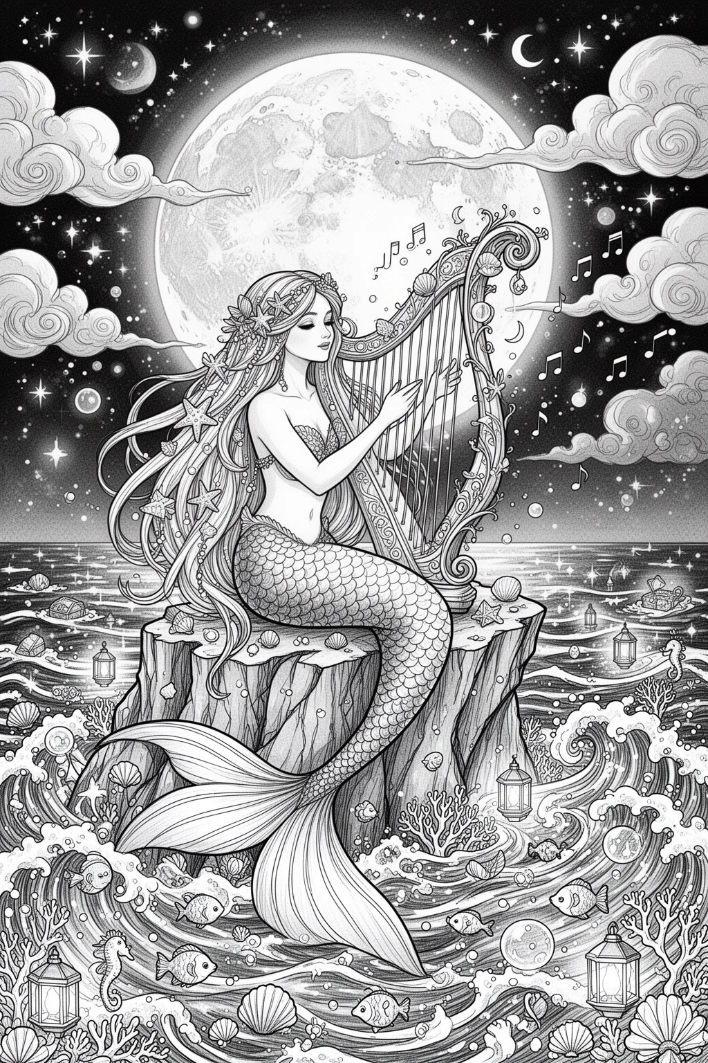 Moonlit Mermaid Magic coloring page.