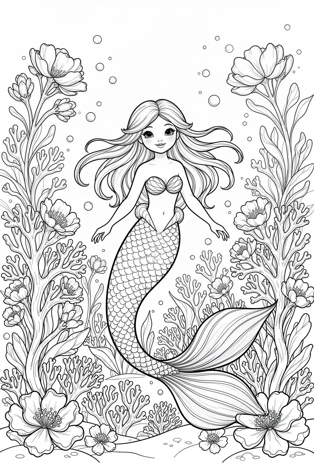 Black-and-white coloring page of mermaid coral garden coloring page.