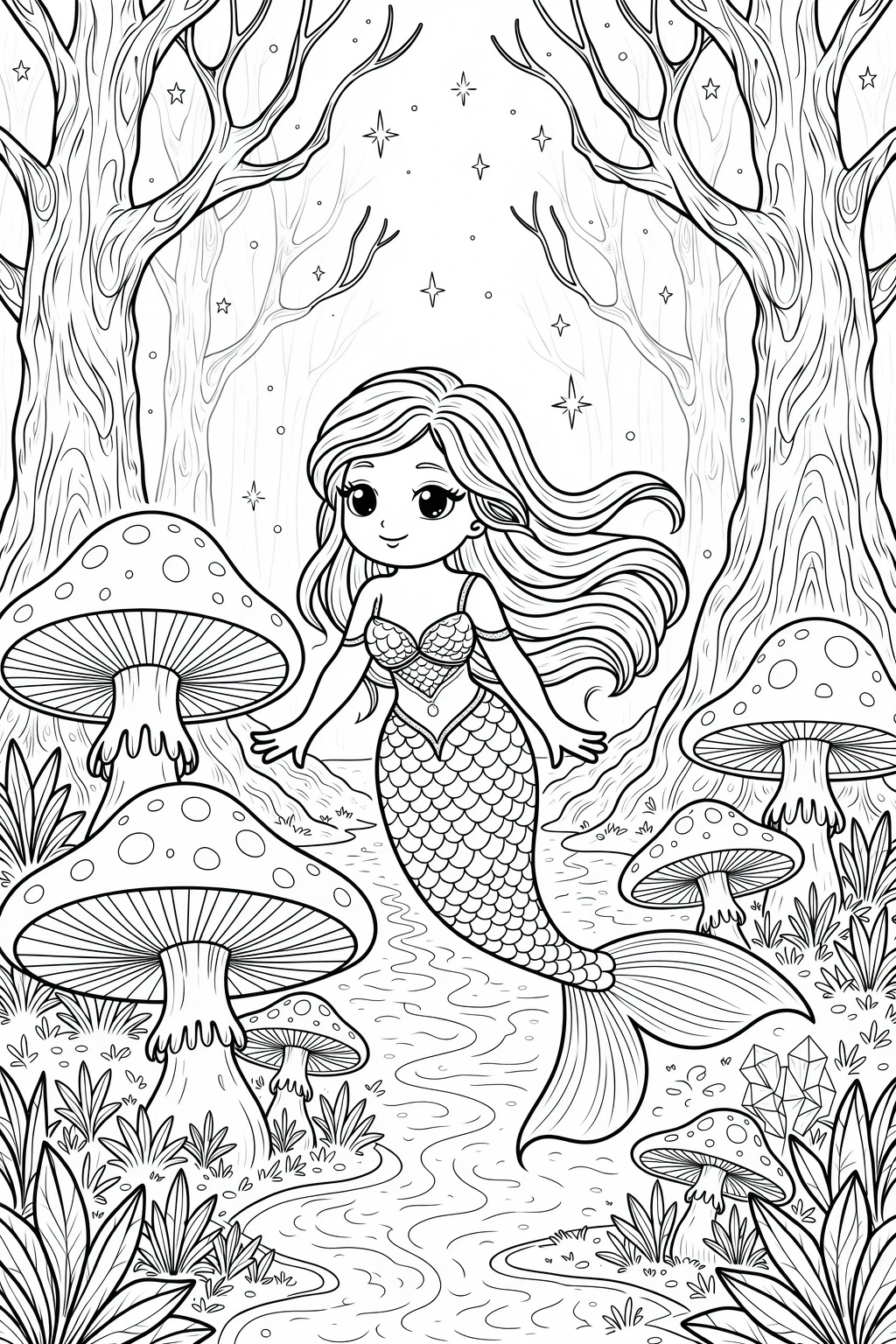 Black and white mermaid scene in an enchanted forest with giant mushrooms detailed coloring page and kids' coloring page style, perfect printable coloring page and coloring sheets for fantasy lovers.