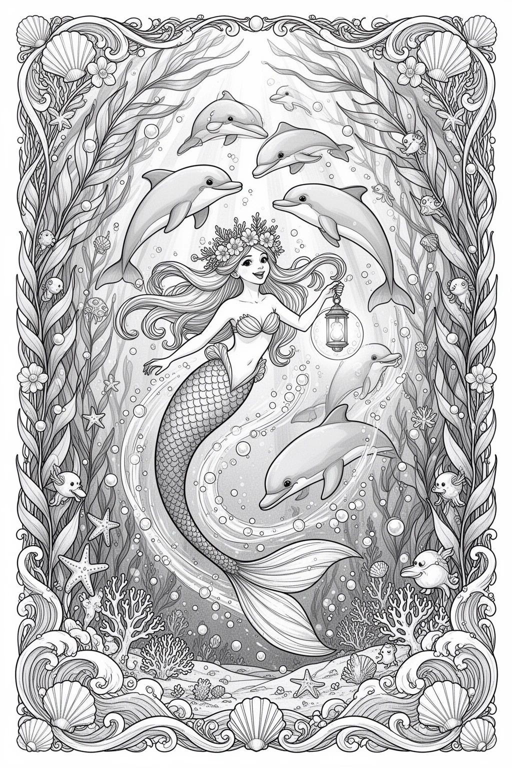 Black and white coloring page of mAGICAL Mermaid & Dolphins Racing Through Kelp Printable