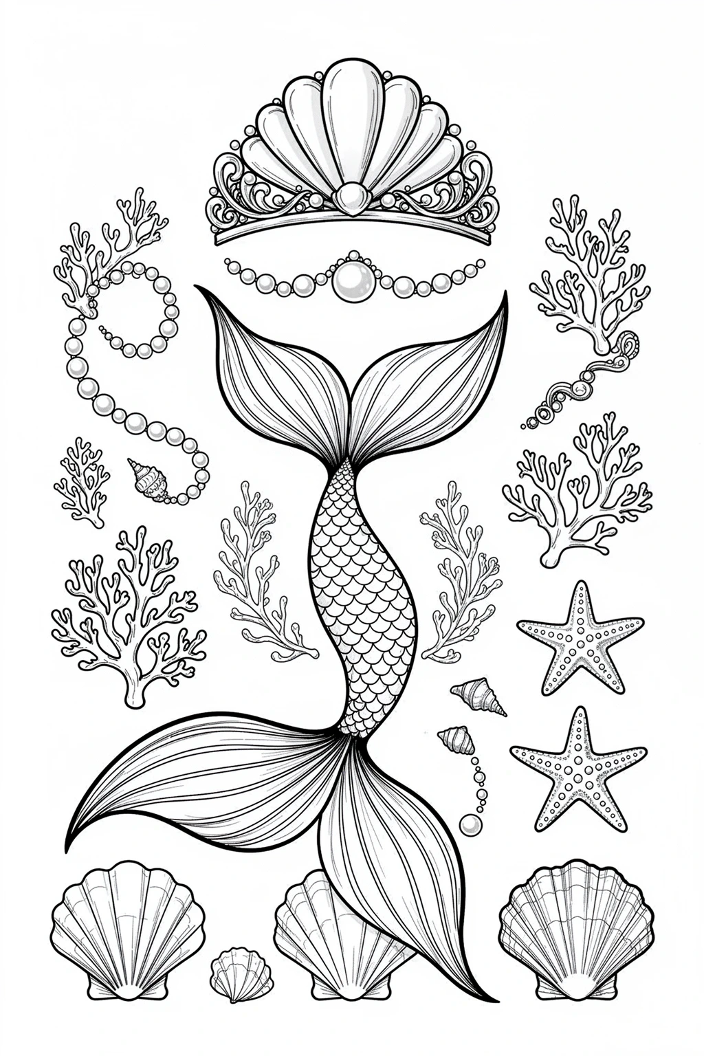 Black and white coloring page of black-and-white printable mermaid motif sheet with shells, pearls, and ocean-inspired details