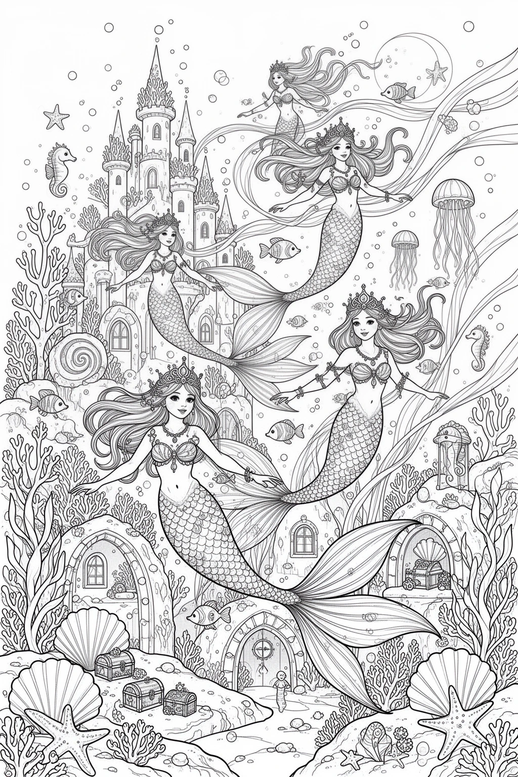 Magical Mermaid Coral Reef School coloring page.