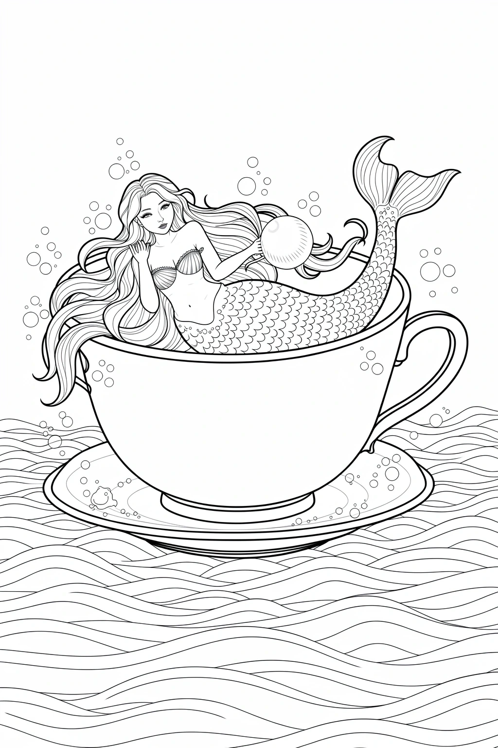 Black-and-white mermaid lounging in a large teacup on the waves holding a bubble line art ideal for detailed coloring page, kids' coloring page, printable coloring page and coloring sheets.