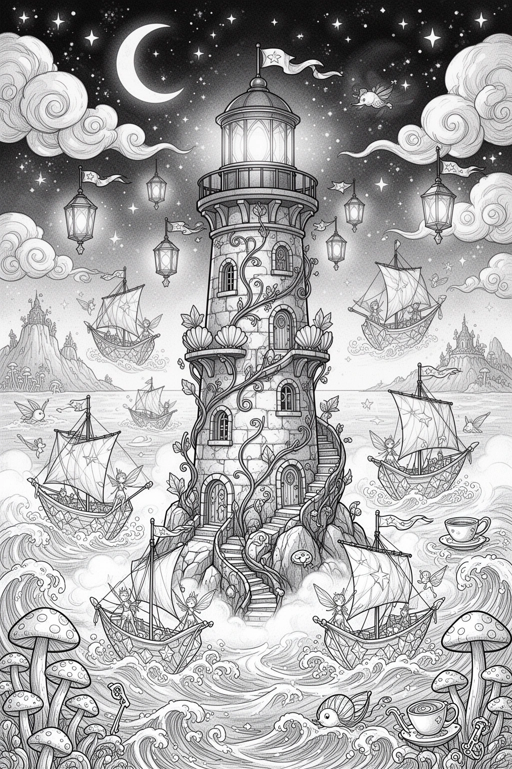 Moonbeam Harbor Magical Lighthouse coloring page.