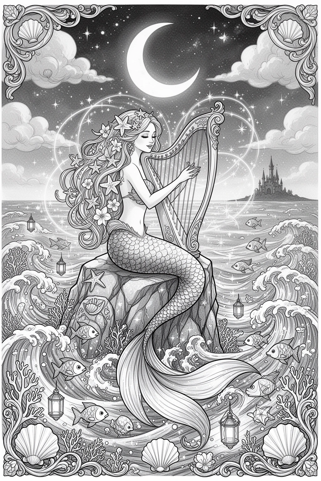 Moonlit Mermaid Harp Magic coloring page.
