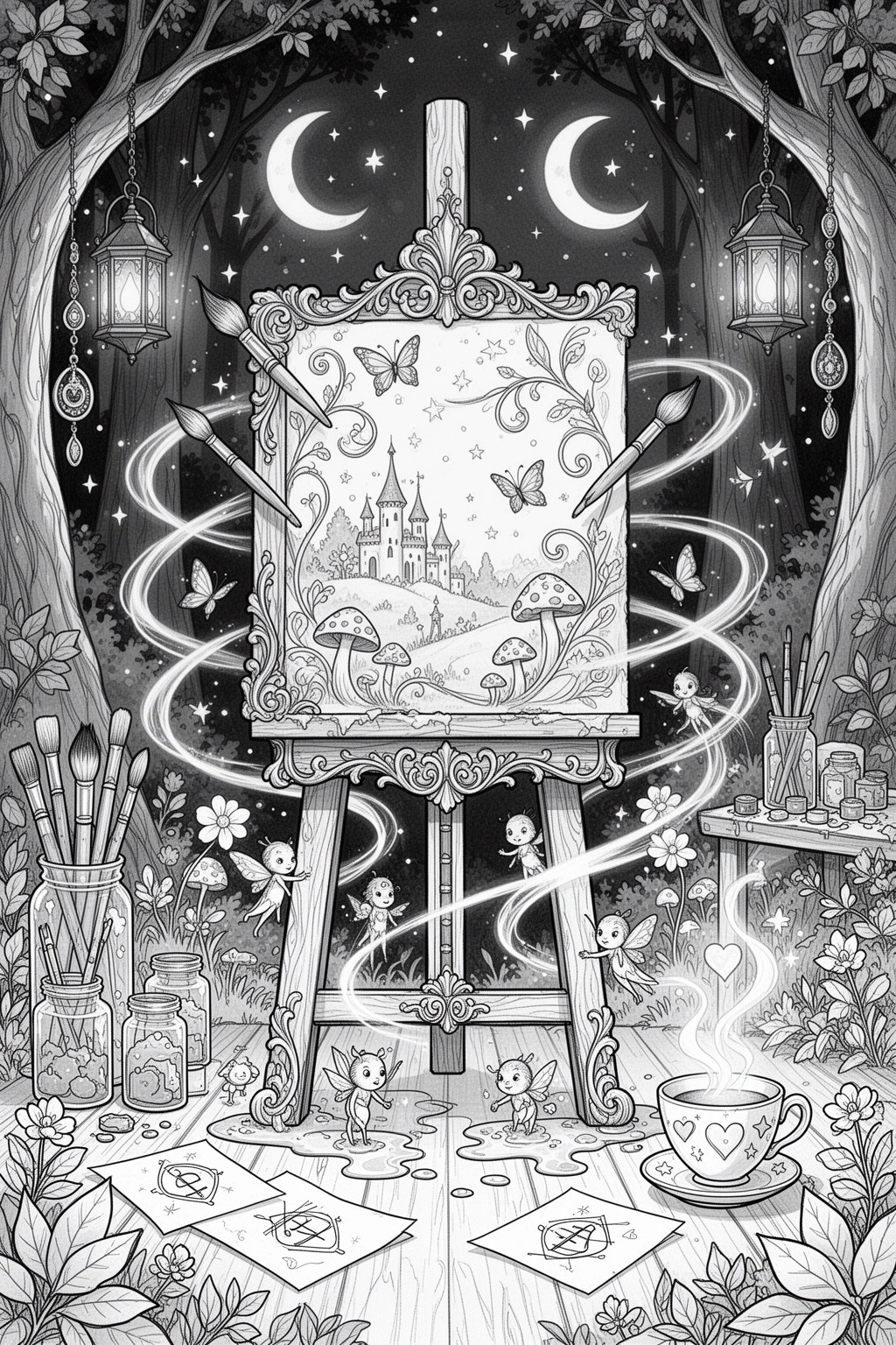 Moonlit Self-Painting Easel coloring page.