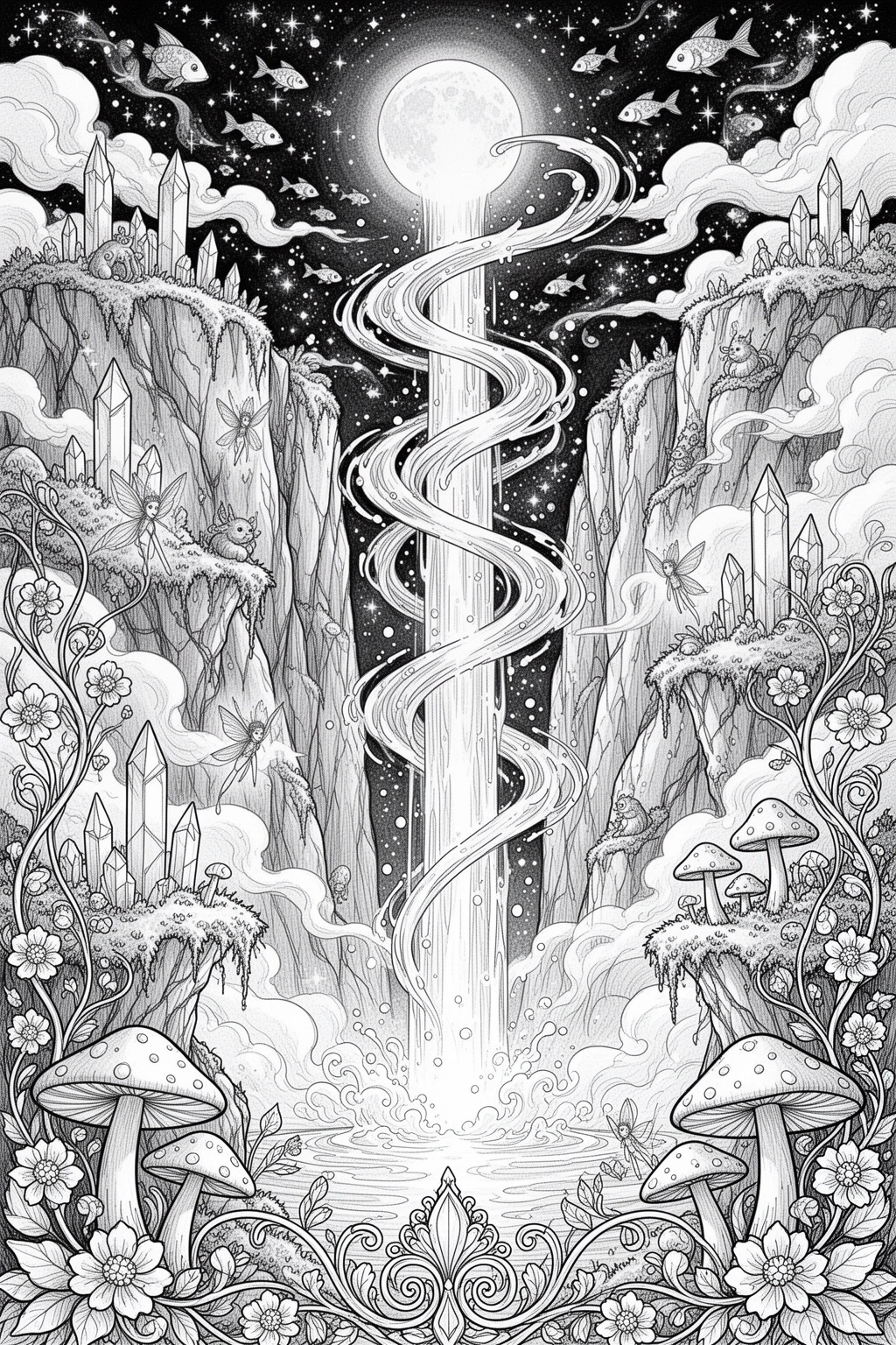 Moonlit Waterfall Printable coloring page.