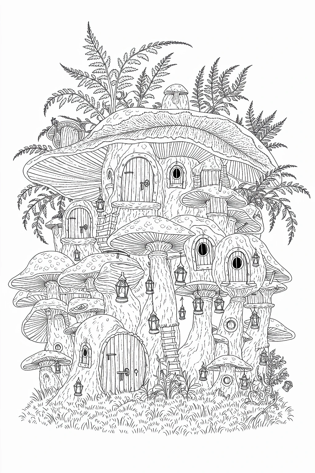 Black-and-white fantasy mushroom village coloring page for a printable coloring page with detailed coloring page, kids' coloring page, and coloring sheets fairy house scene with lanterns, ladders, and