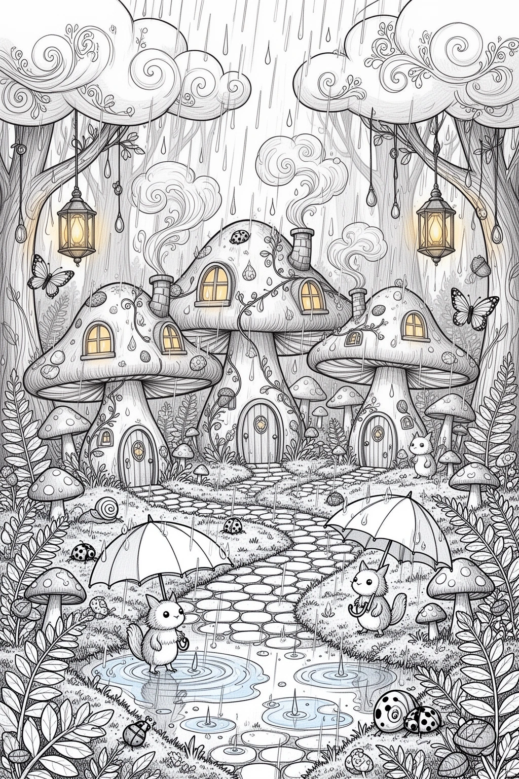 Enchanted Mushroom Houses coloring page in a Magical Rainstorm.