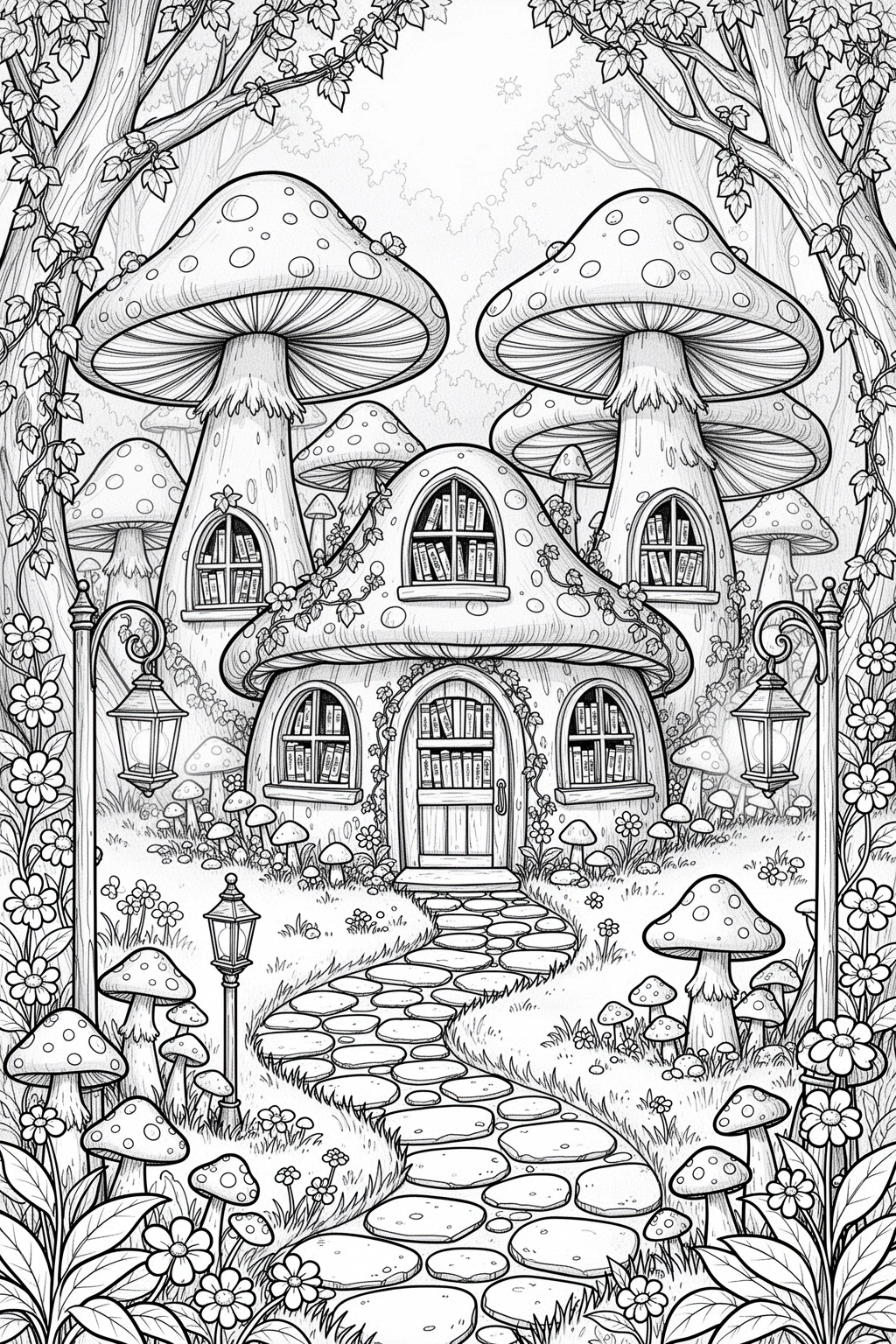 Detailed coloring page of an enchanted mushroom village with a tiny bookshop, winding paths, lanterns, flowers, and whimsical village details.