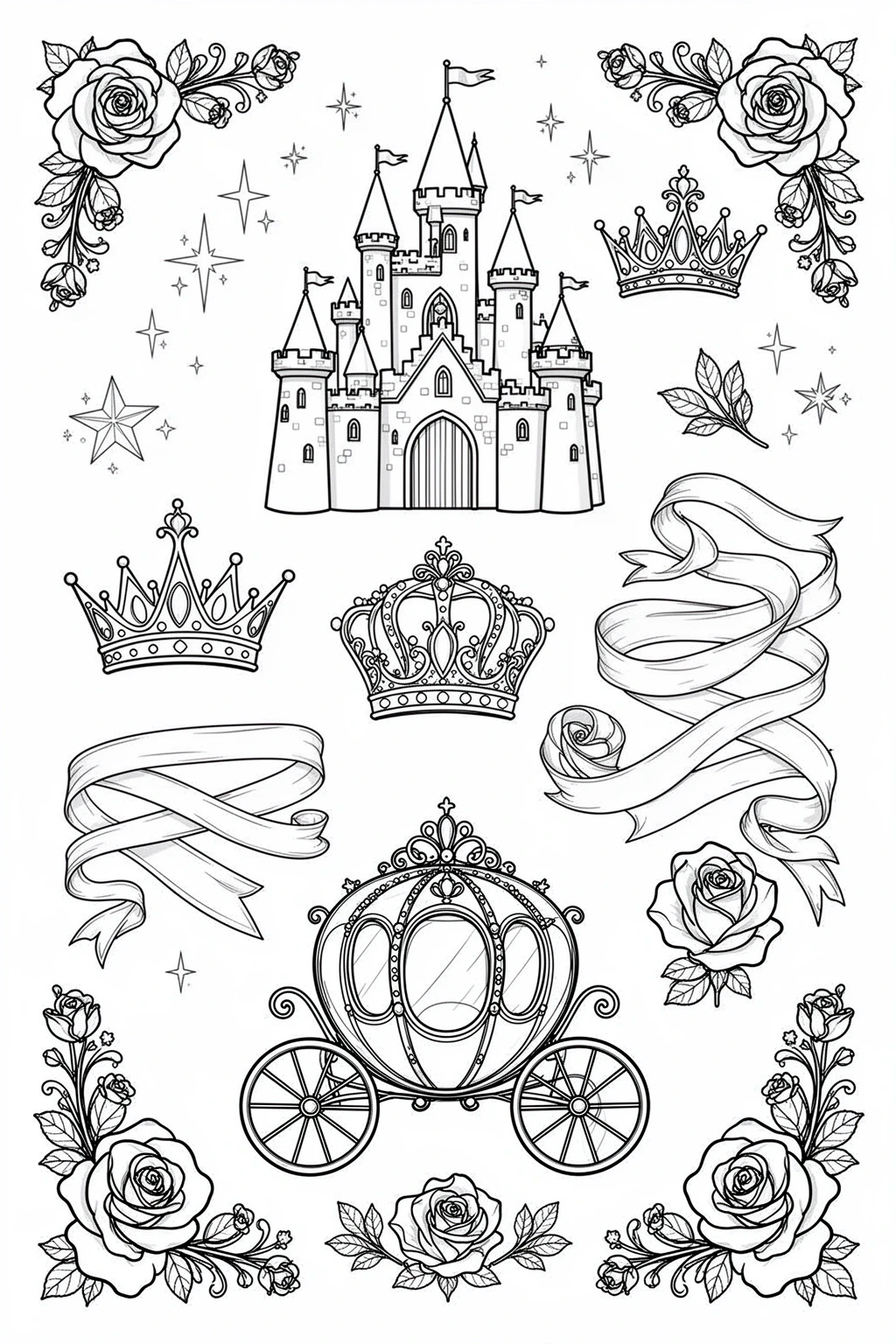 Black and white coloring page of black-and-white printable fairytale symbol sheet with castle, crown, and carriage motifs