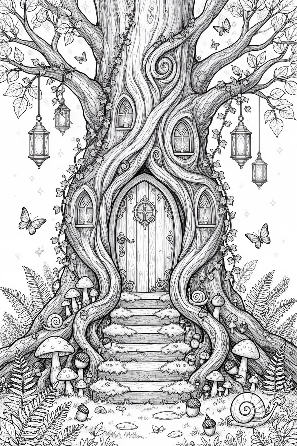 Secret Fairy Door coloring page in an Ancient Oak Tree.