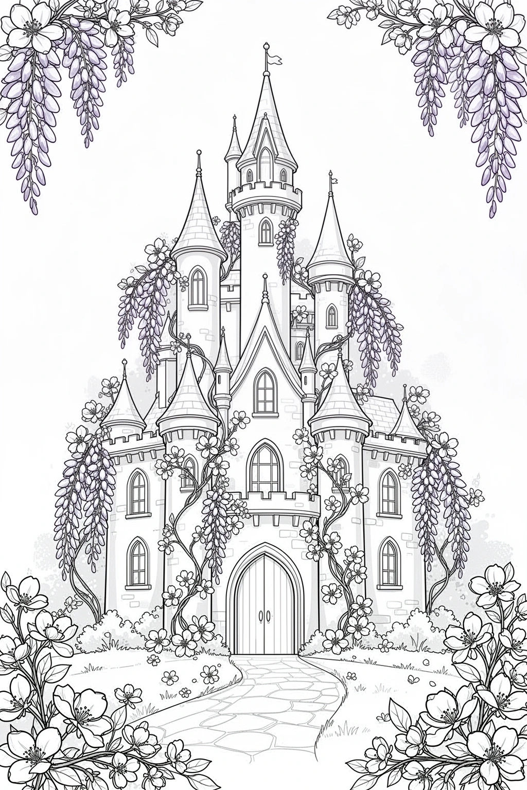 Black-and-white coloring page of a spring castle wrapped in flower vines.