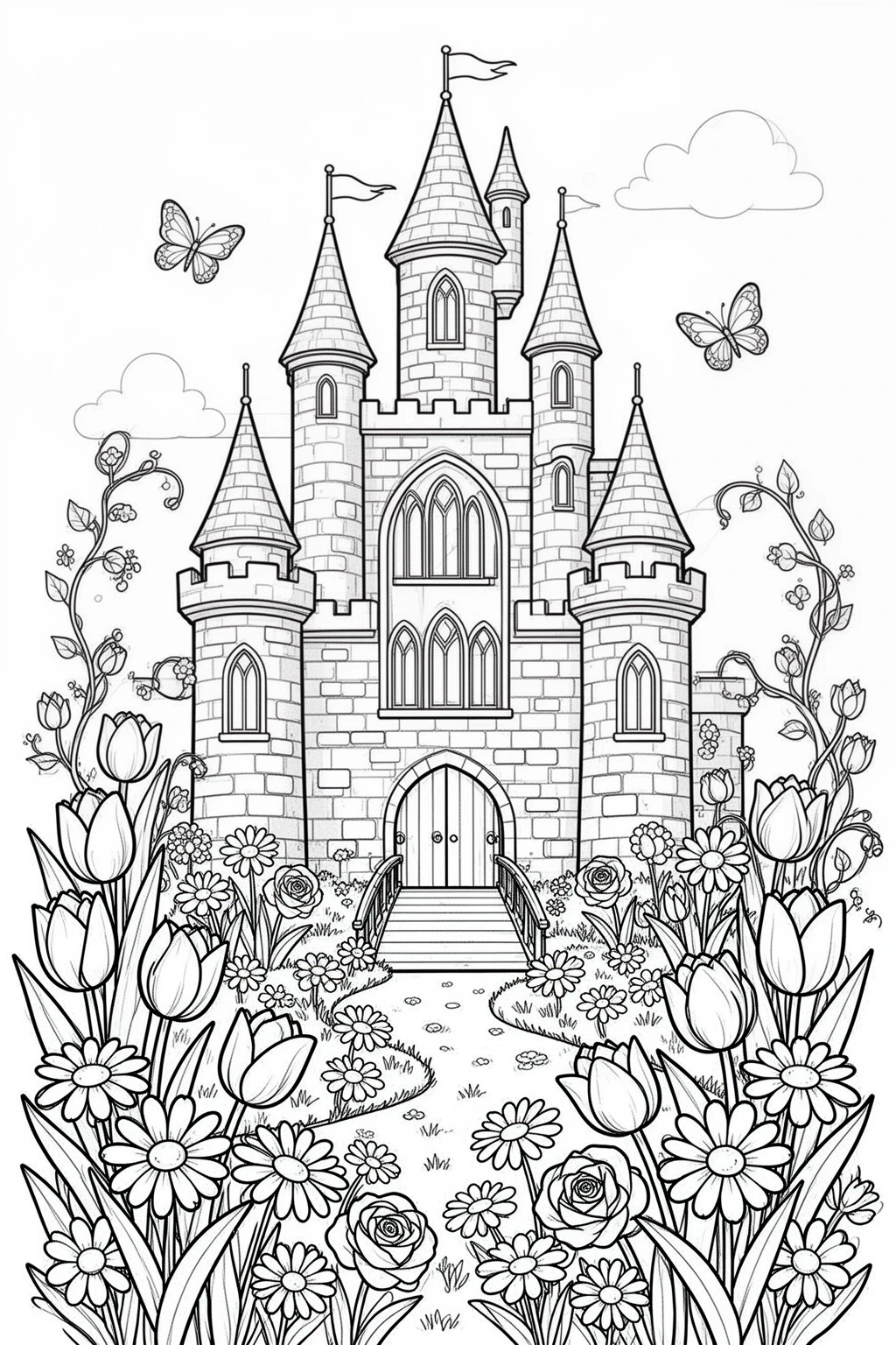 Spring Castle With Flowers coloring page.