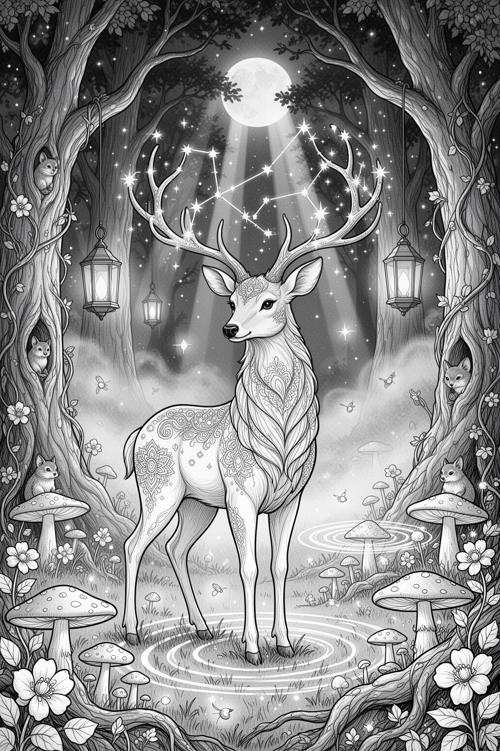Starlight Deer coloring page in an Enchanted Grove.