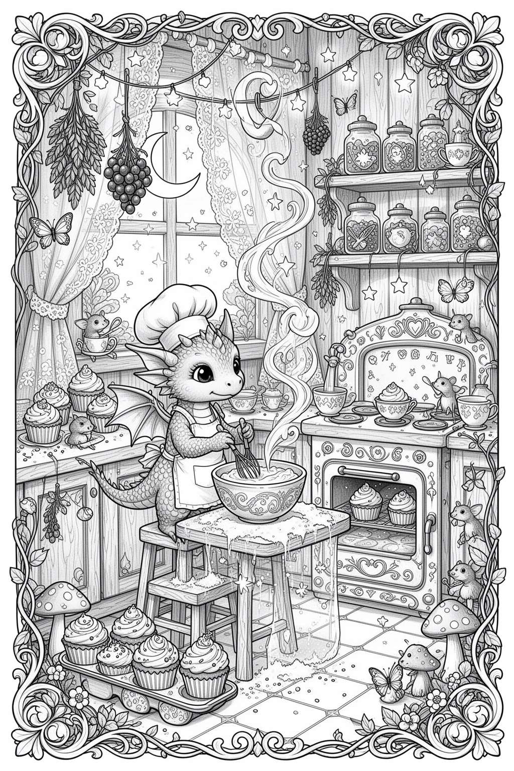 MAGICAL Tiny Dragon Baking Cupcakes coloring page.