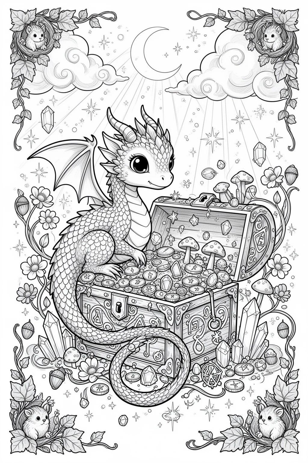 Tiny Dragon Treasure Magic coloring page Printable.