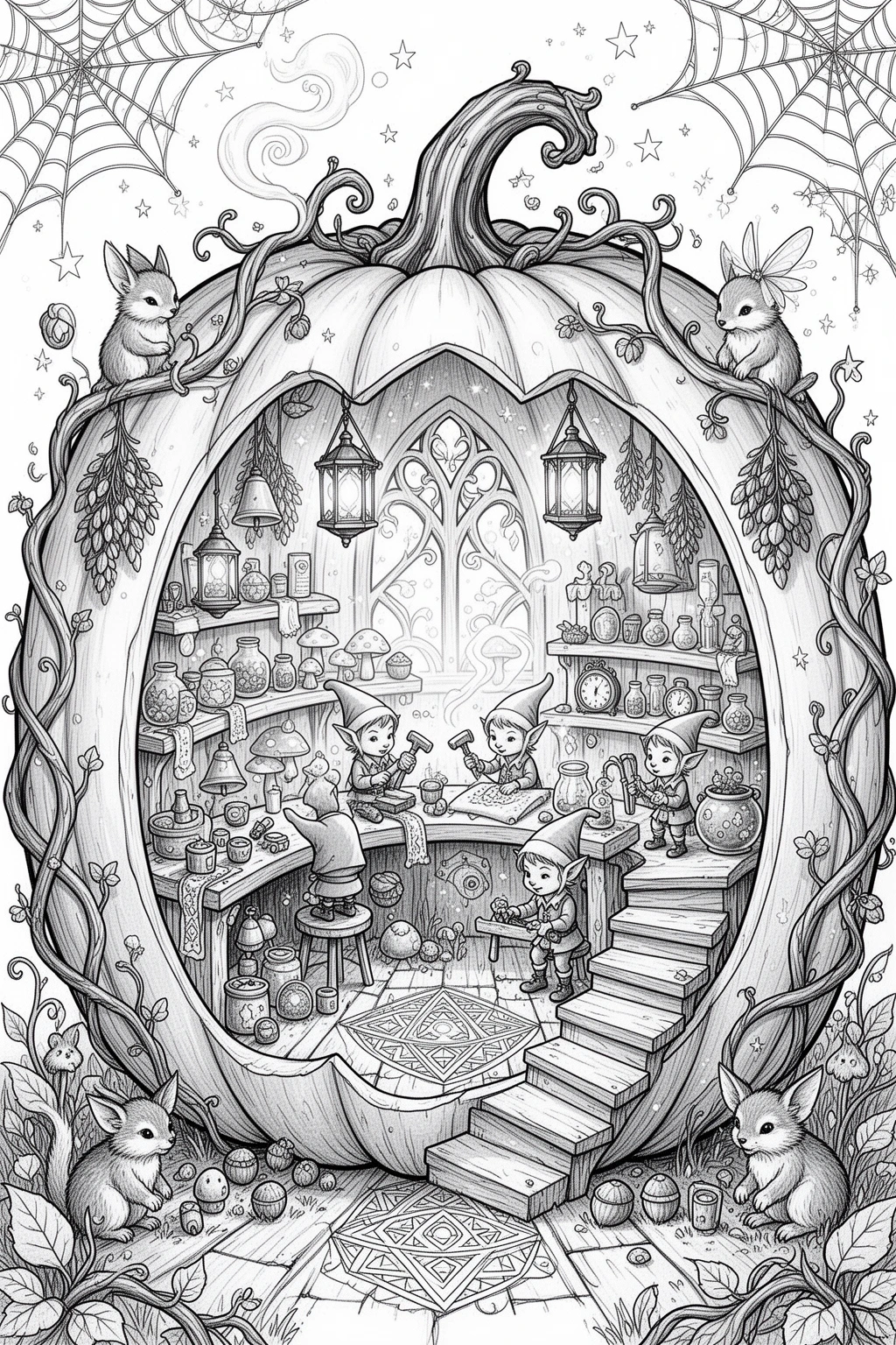 Tiny Elf Pumpkin Workshop coloring page.