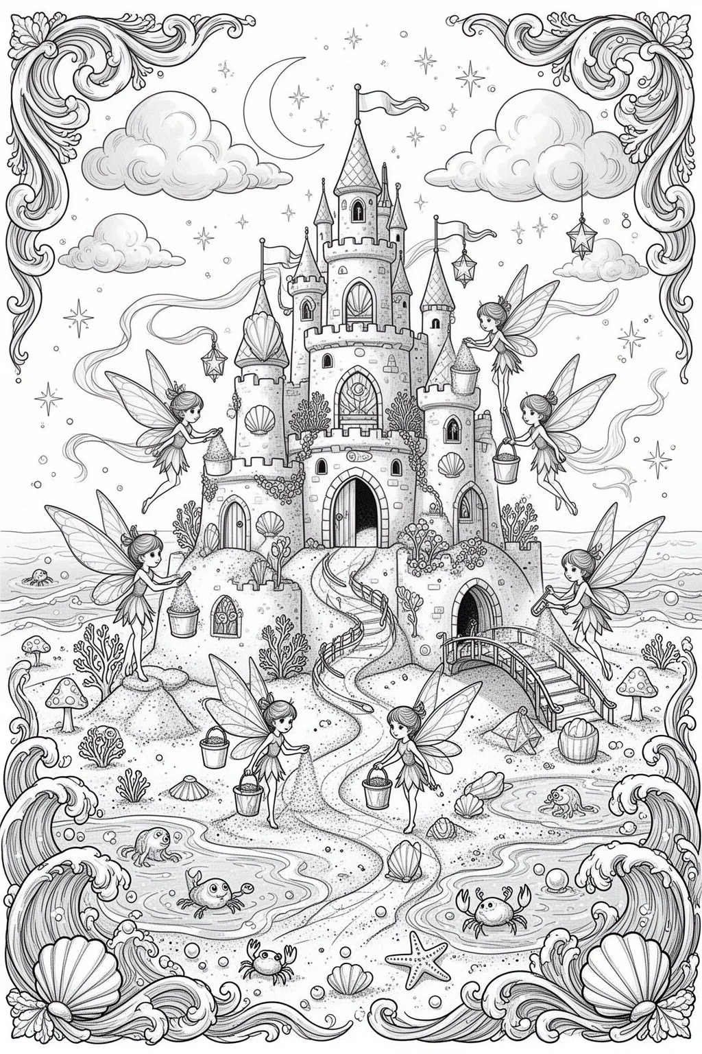Tiny Fairies, Grand Dreams | Magical Sandcastle City coloring page.