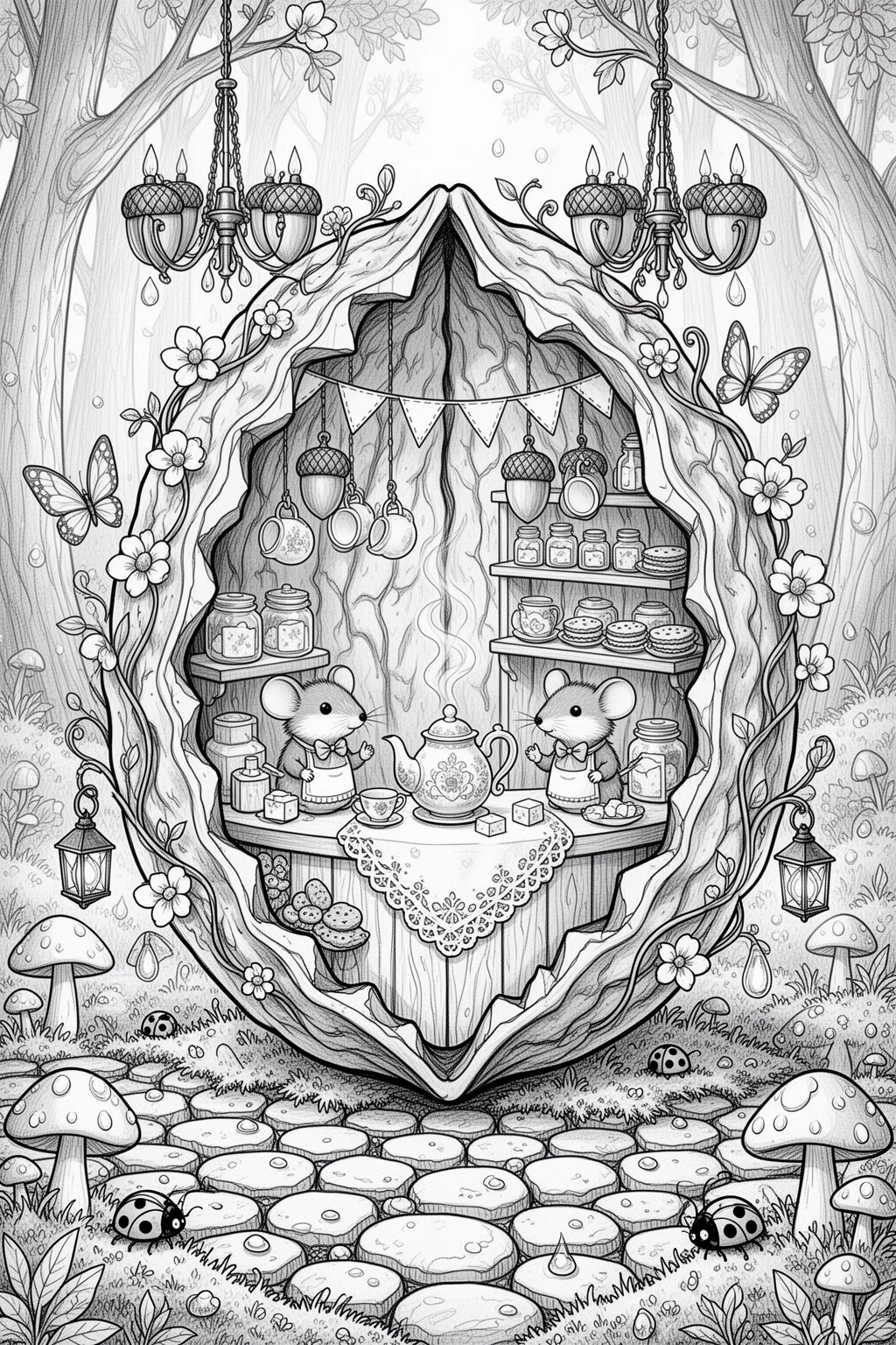 Tiny Mouse Tea Shop in a Walnut | Magical coloring page.