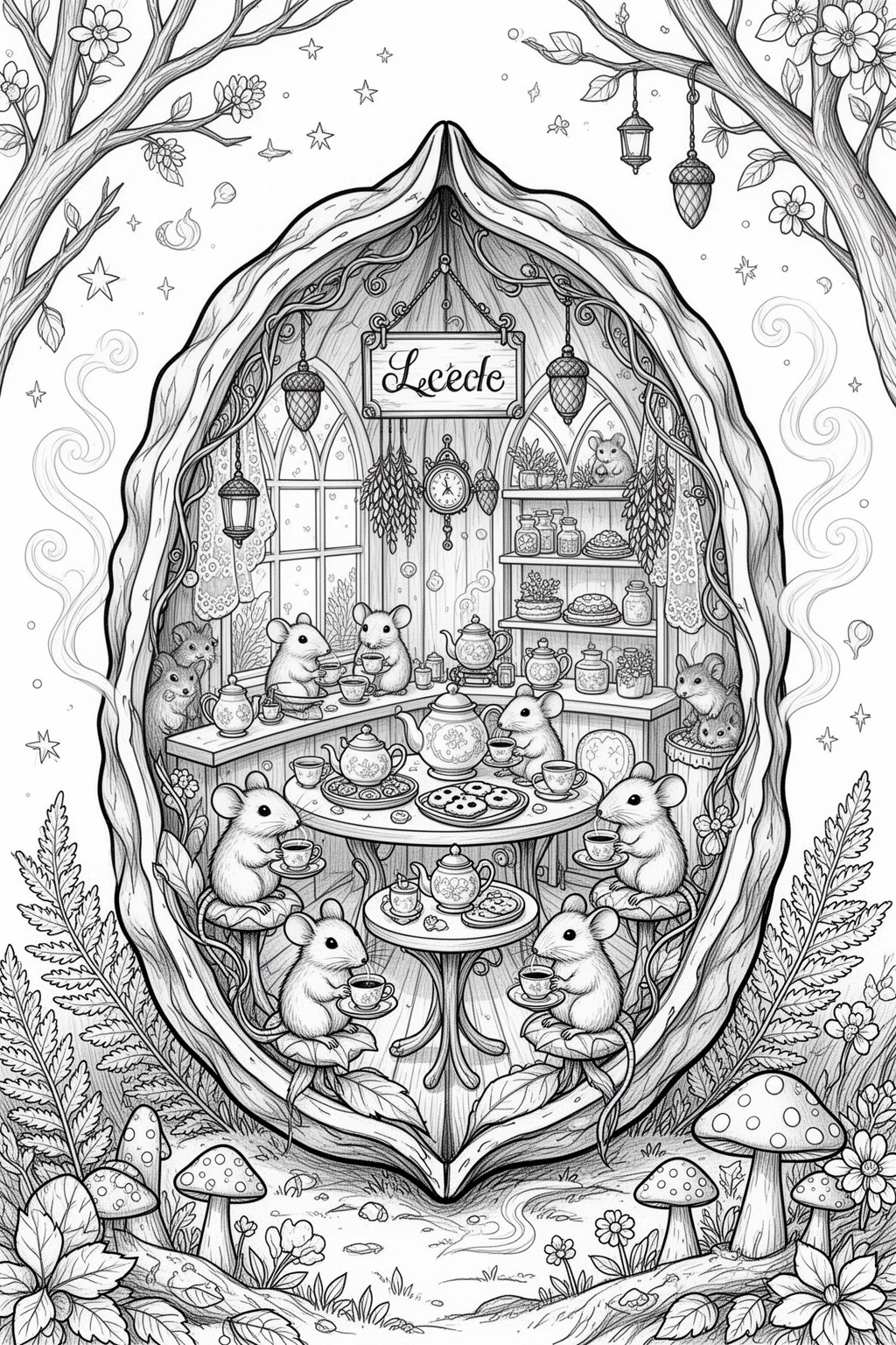 Can You Color This Tiny Mice Tea Shop in a Walnut? Printable coloring page.