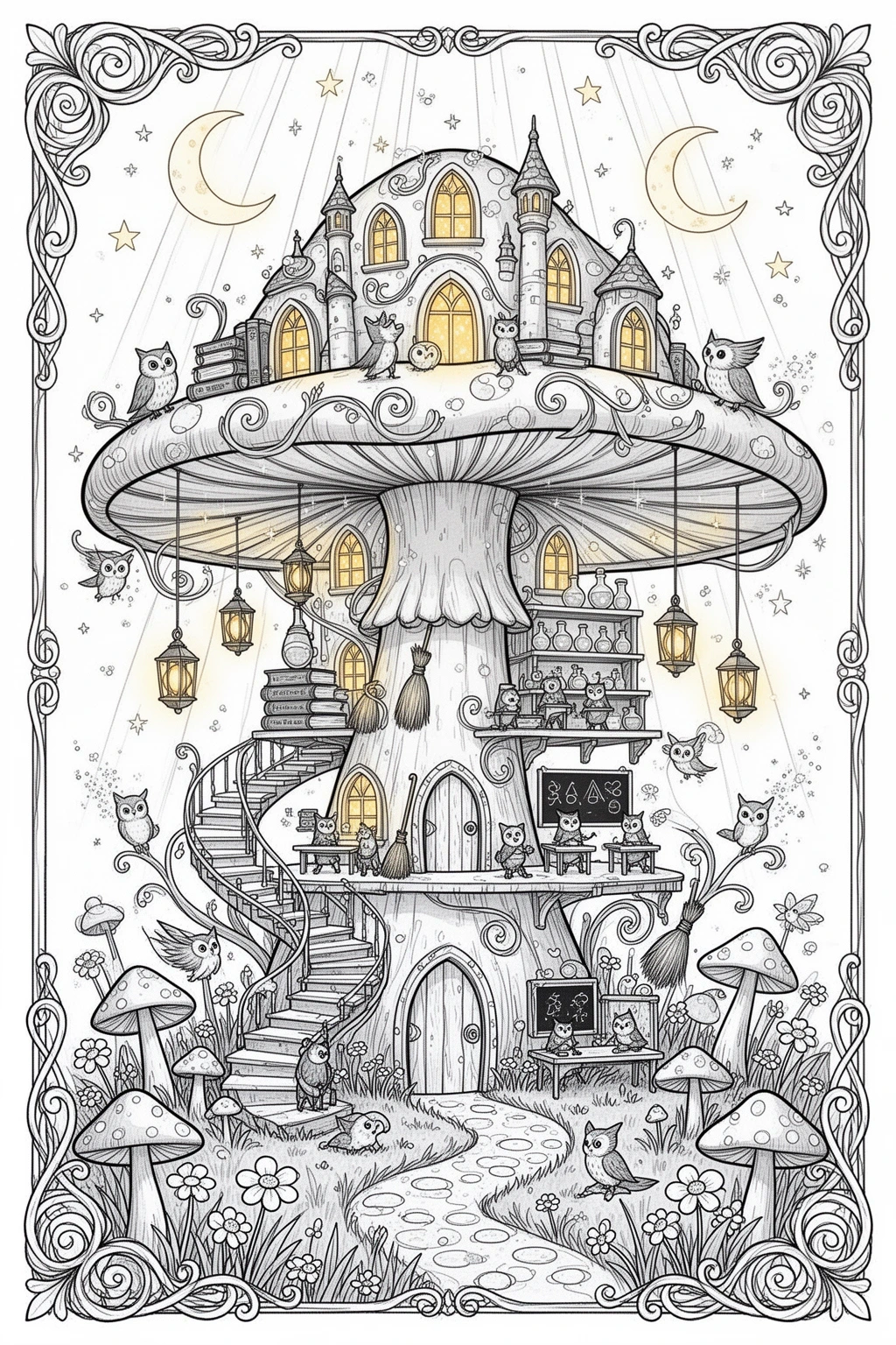 MAGICAL Tiny Wizard School coloring page.