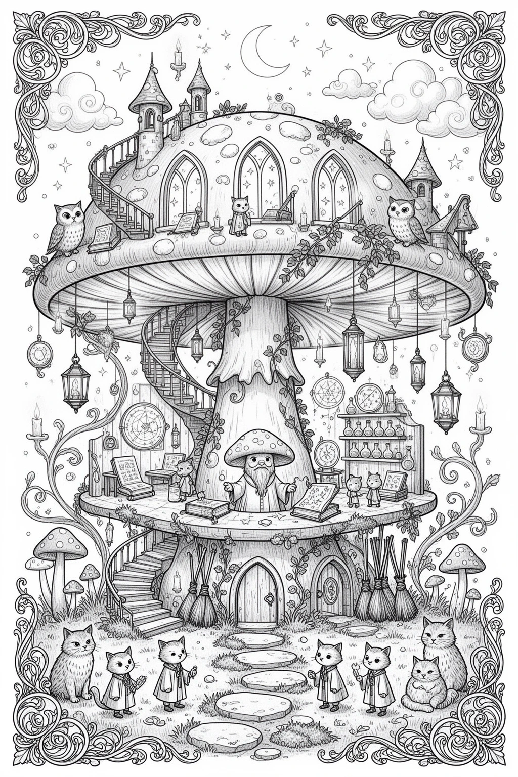 Enchanted Tiny Wizard School coloring page Inside a Mushroom.