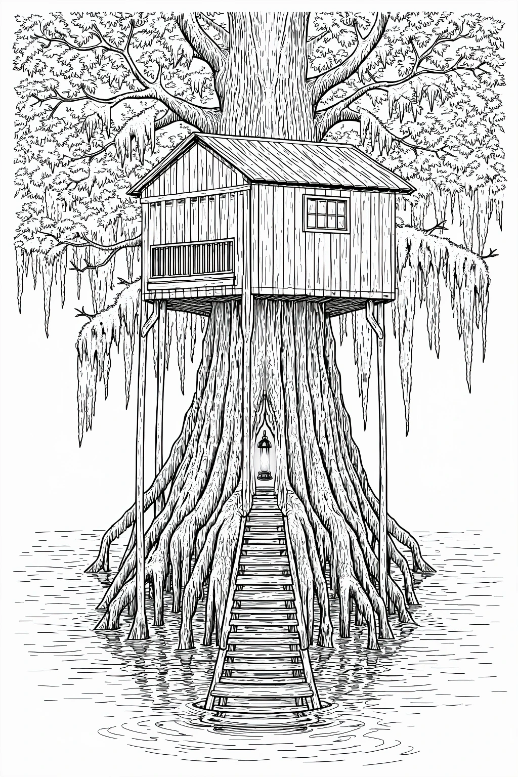 Intricate treehouse on a giant tree with ladder over water detailed coloring page, kids' coloring page, printable coloring page, coloring sheets.