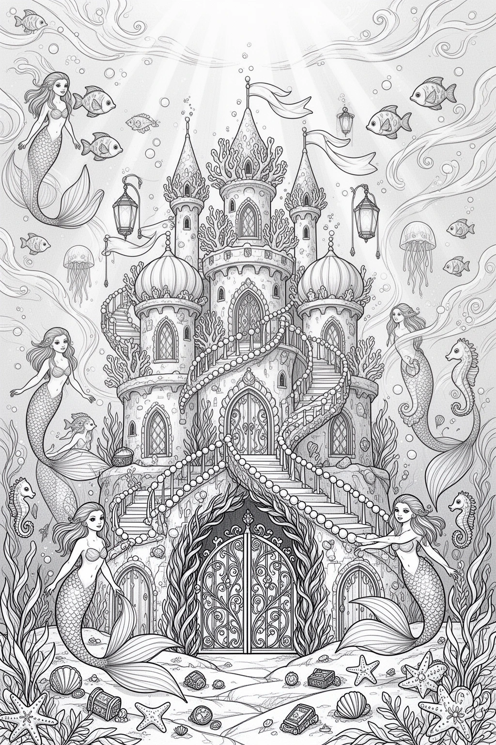 Underwater Mermaid Castle coloring page | Magical Printable.
