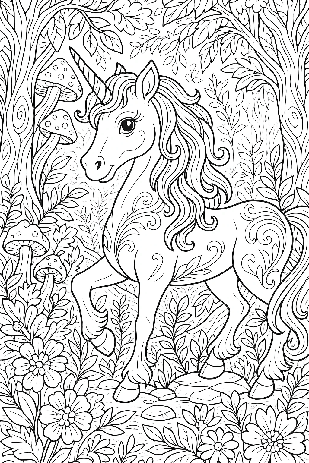 Black and white unicorn line art in a leafy forest with mushrooms and flowers detailed coloring page, kids' coloring page, printable coloring page and coloring sheets for animal and mandala lovers.