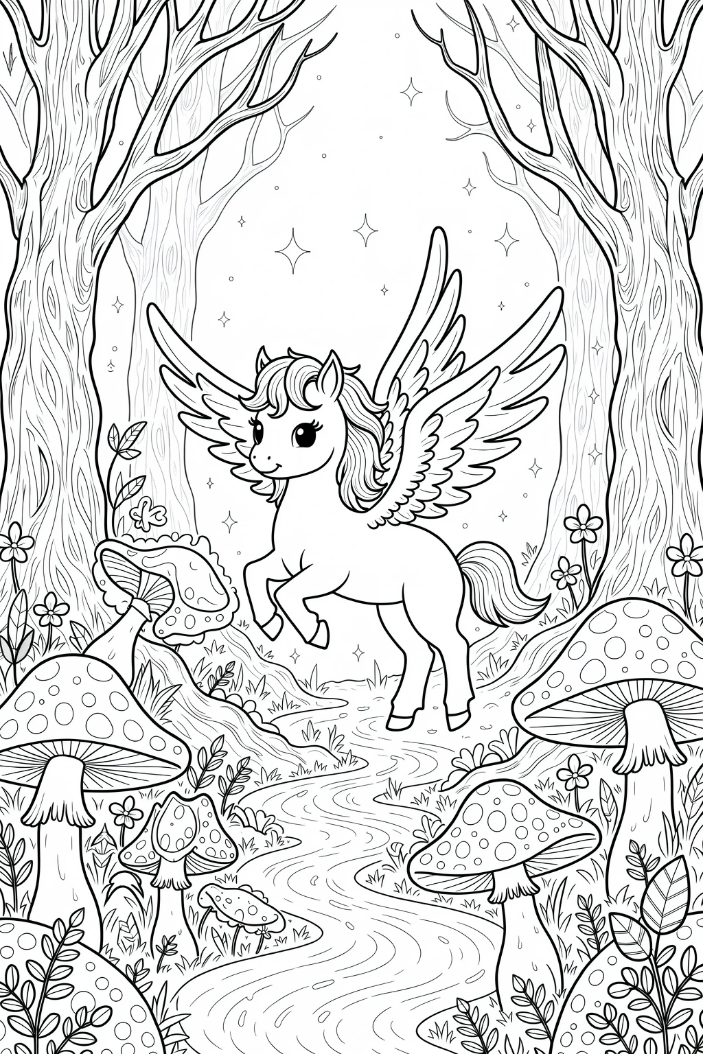 Black-and-white printable coloring sheet of a winged unicorn (pegasus) prancing along a winding path through a forest of large mushrooms and trees. Includes many small details for detailed coloring