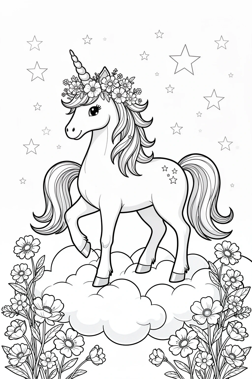 Black-and-white printable unicorn coloring page with a flower crown, clouds, and stars.