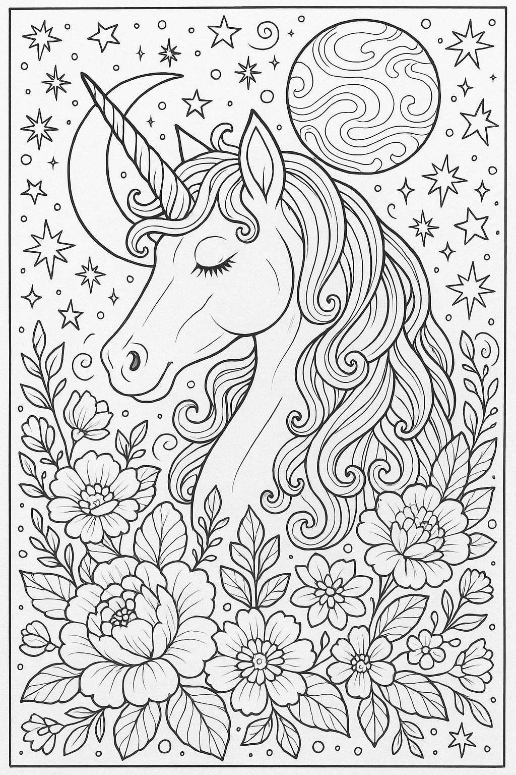 Black-and-white unicorn coloring page with flowing mane, stars, moon, planet and flowers detailed coloring page, kids' coloring page, printable coloring page, coloring sheets for creative fun.