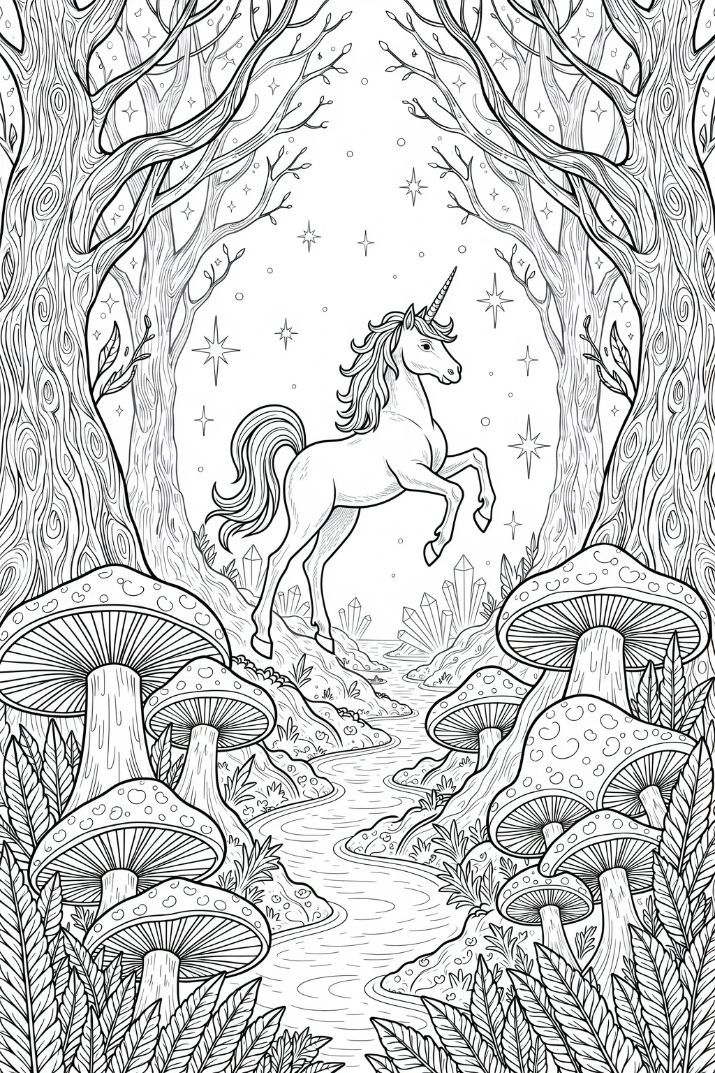 Black and white fantasy unicorn in a forest among large mushrooms, crystals and stars a printable coloring page with detailed coloring page, kids' coloring page, coloring sheets and mandala-like