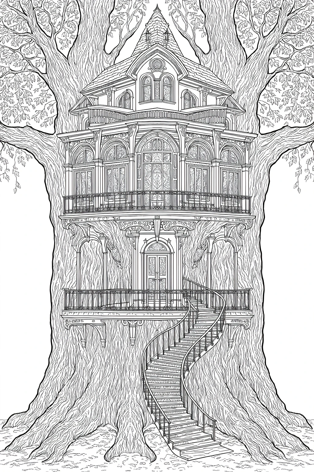 Black-and-white ornate Victorian treehouse built into a giant tree with a spiral staircase intricate line art ideal for detailed coloring page, kids' coloring page, printable coloring page and