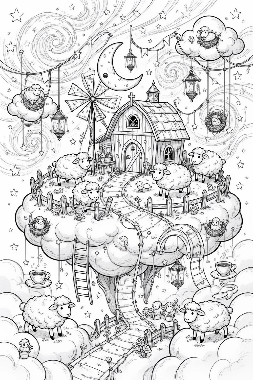 Dreamy Cloud Sheep Farm coloring page.