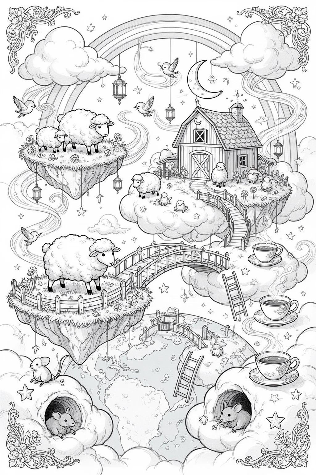 Moonlit Cloud Sheep Farm coloring page.