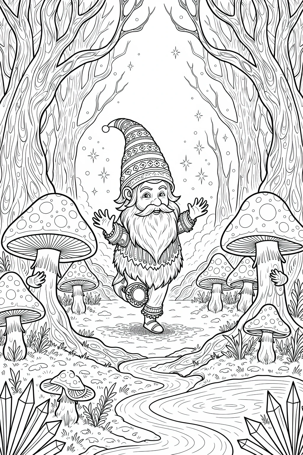 Black and white coloring page of a whimsical garden gnome dancing in a magical forest filled with oversized mushrooms, tall trees, sparkling stars, and a winding path.