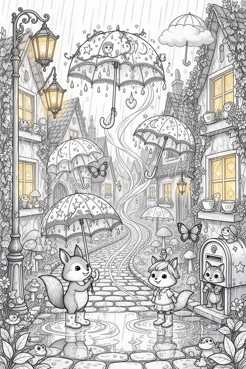 Umbrella Magic in the Rain coloring page.