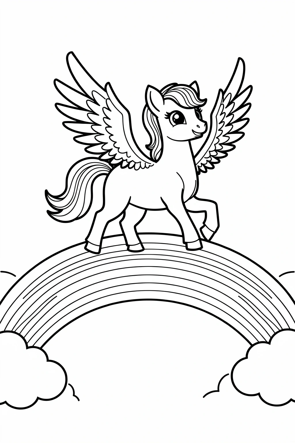 Black-and-white printable coloring sheet of a winged pony (pegasus/unicorn) standing on a rainbow with clouds detailed coloring page, kids' coloring page, printable coloring page, coloring sheets.