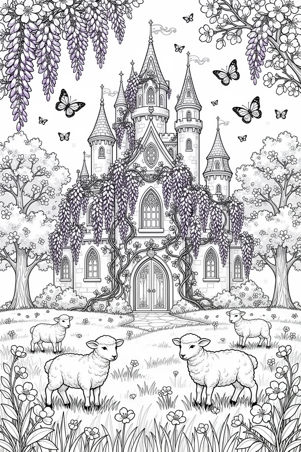 Detailed coloring page of a fairytale castle covered in wisteria with blossom trees and spring meadow details.